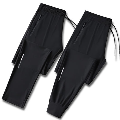 Calça jogging masculina com cordão na cintura, fresca, de secagem rápida e respirável, calça esportiva da moda de alta elasticidade, adequada para fitness