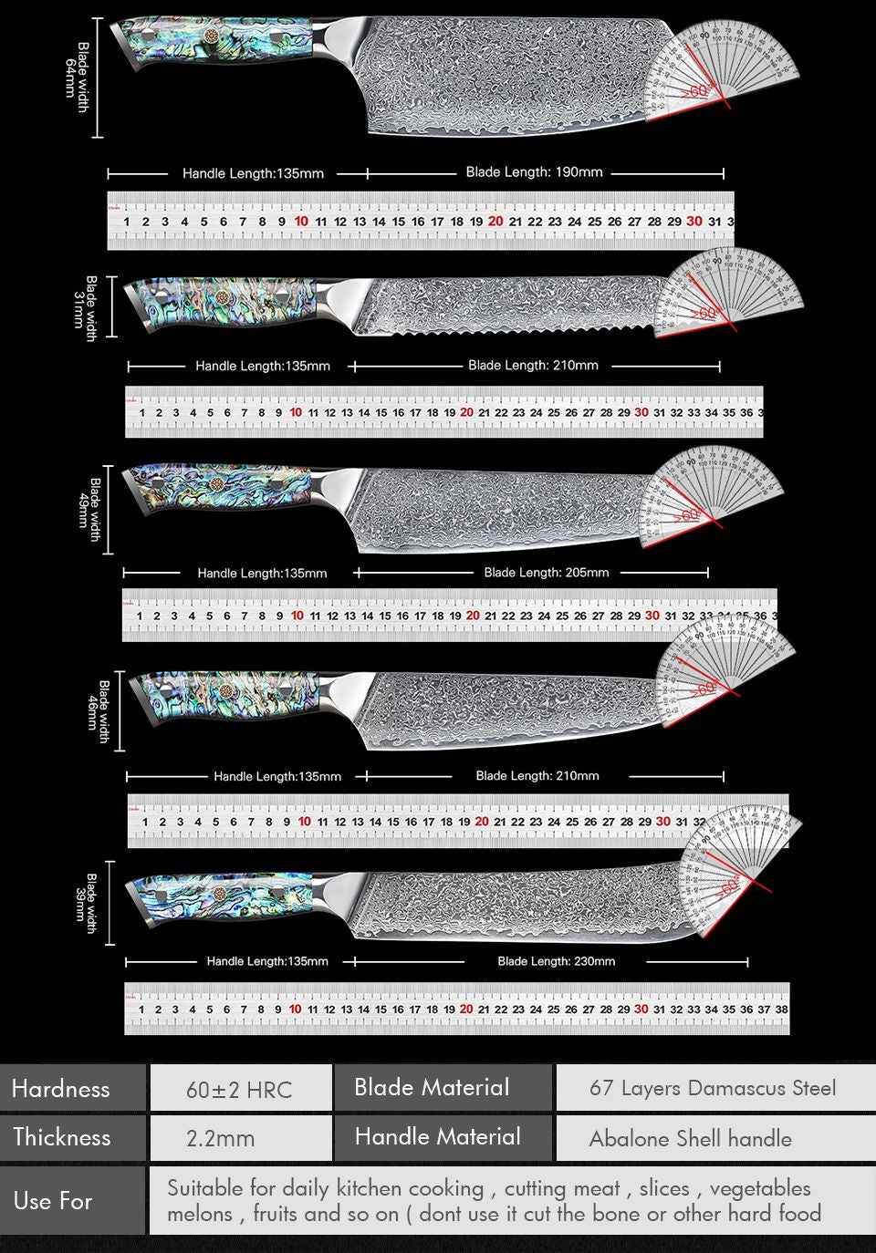 Faca de Cozinha TURWHO Japonesa de Aço Damasco de 67 Camadas com Cabo de Abalone Afiada Faca Santoku para Pão Bife Faca de Chef Ferramentas de Corte para Cozinha