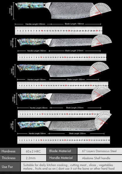 Faca de Cozinha TURWHO Japonesa de Aço Damasco de 67 Camadas com Cabo de Abalone Afiada Faca Santoku para Pão Bife Faca de Chef Ferramentas de Corte para Cozinha