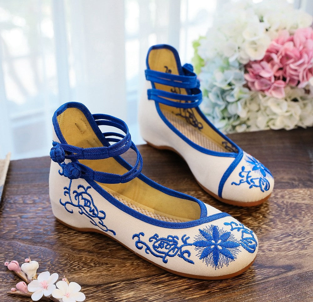 Veowalk Sunflower Embroidered Women Canvas Ballet Flats Ankle Strap Ladies Casual Cotton Chinese Embroidery Ballerina Shoes