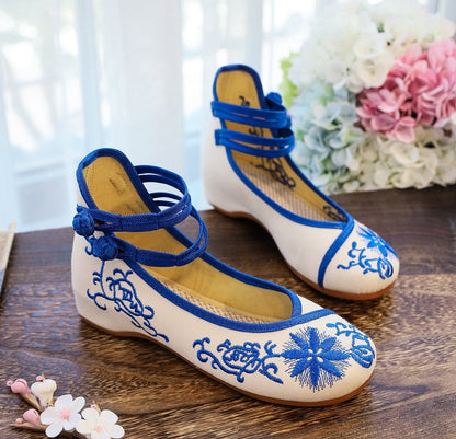 Veowalk Sunflower Embroidered Women Canvas Ballet Flats Ankle Strap Ladies Casual Cotton Chinese Embroidery Ballerina Shoes