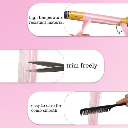 10Pcs Pink Clip in Hair Extensions Party Highlights Wig Synthetic Colored Straight Hairpiece for Girls Kids Christmas Party Use