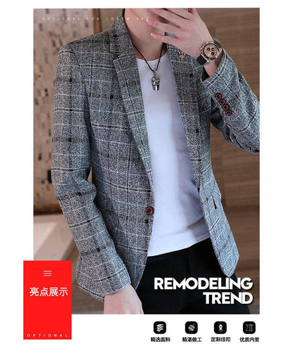 Men's casual plaid suit jacket, fashionable and versatile slim-fitting top, stylish plaid suit
