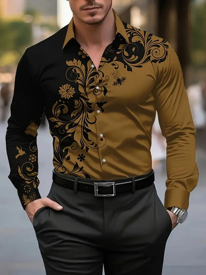 Men's floral-print ethnic-style blouse, Western-style denim shirt, long-sleeved