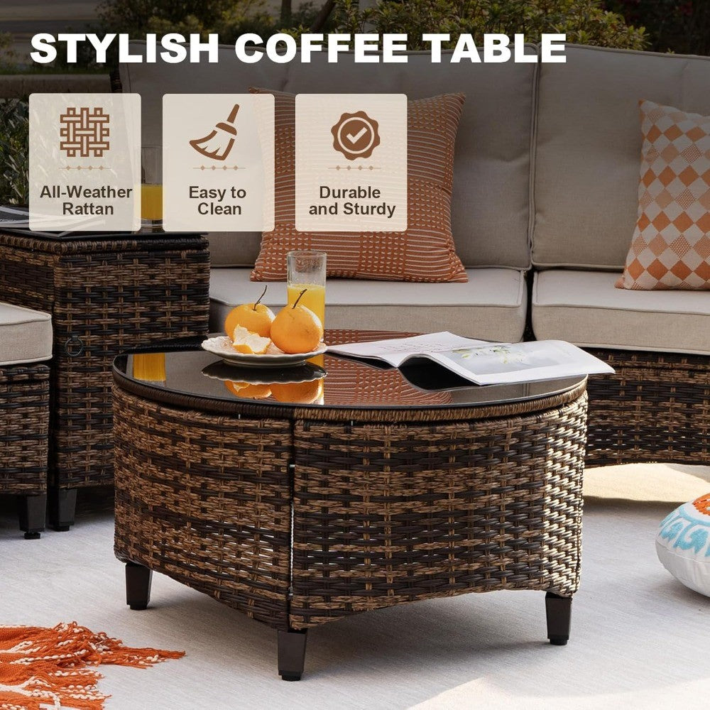 9 Piece Outdoor Patio Furniture Set, Half-Moon Curved Sectional Sofa Rattan Conversation Set with Wood Armrests, Coffee Table