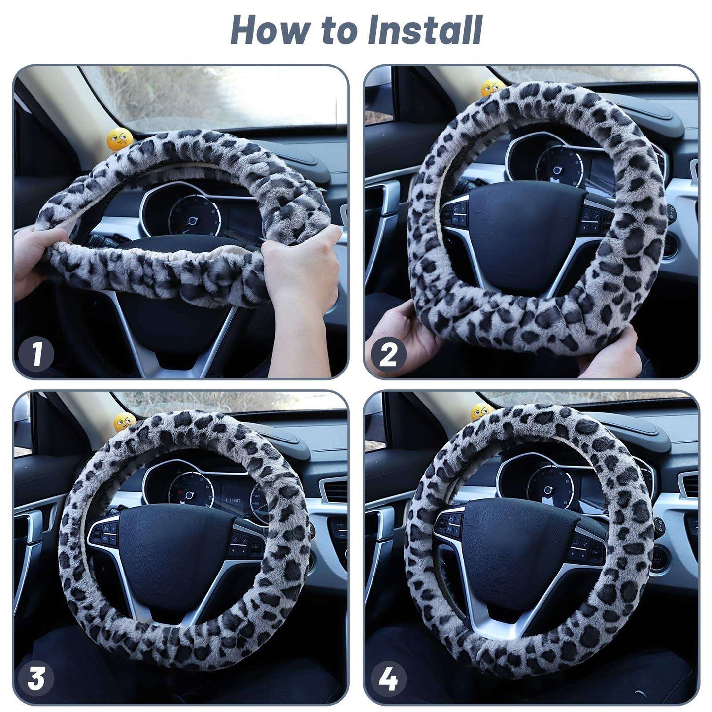 Capa de Volante de Inverno Leopard Quente Fofa para Mulheres. Capa de Volante Universal de Pelúcia para Carro, SUV Universal 15 polegadas