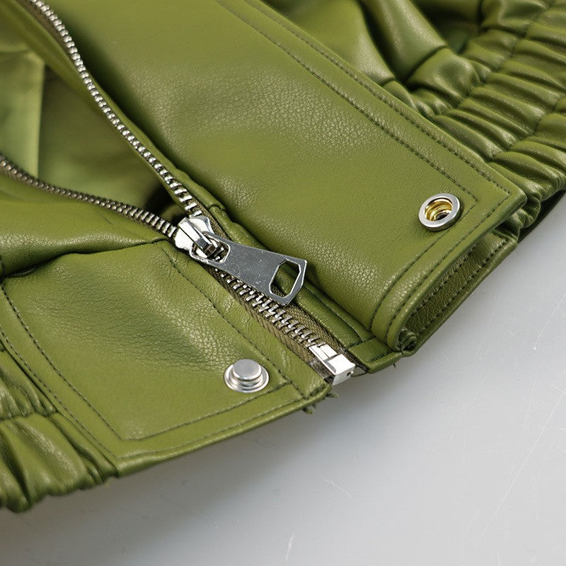 Olive Green Leather Jacket Coat Silhouette Vintage High Street Trend Zipper Lapel Short Overcoat Loose Casual Top Outwear Autumn