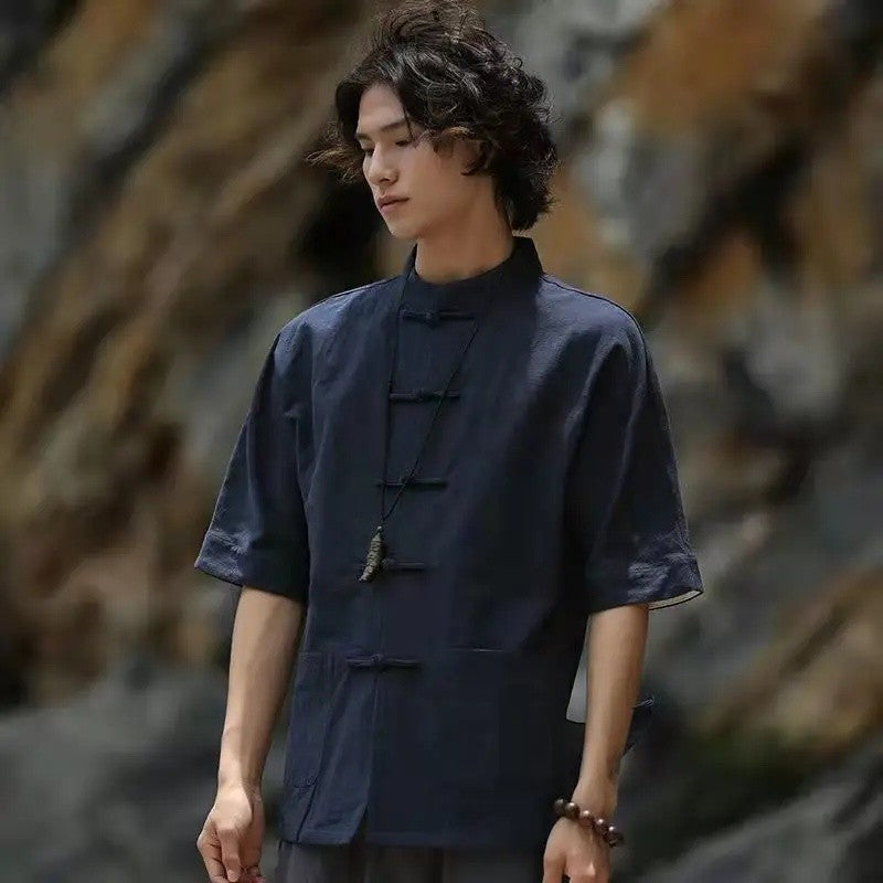 Chinese Style Linen Shirt with Button Design Cotton Linen Spring Autumn New Style Men's Retro Shirt Casual Summer Top