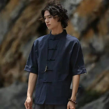 Chinese Style Linen Shirt with Button Design Cotton Linen Spring Autumn New Style Men's Retro Shirt Casual Summer Top