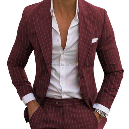 Slim Fit Pinstripe Smoking Suit for Men Peaked Lapel Tuxedo 2-Piece Blazer And Pants Wedding Groomsmen Formal Wear