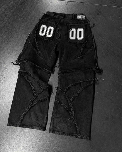 Elixir X Cozy Detachable Jeans Retro Punk Streetwear Ziipper Patchwork Stripe Denim Pants Men Black Baggy Hip Hop Splicing Jeans