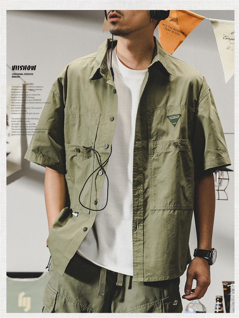Summer hawaiian Casual Cargo Shirt For Men Oversized Short Sleeve Tee Shirts Y2K Streetwear Button Blouses Outdoor Masculino