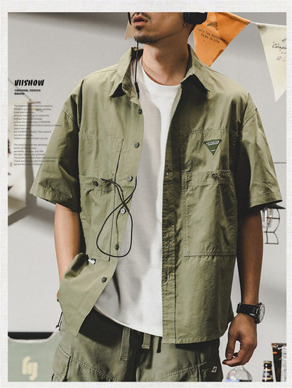 Summer hawaiian Casual Cargo Shirt For Men Oversized Short Sleeve Tee Shirts Y2K Streetwear Button Blouses Outdoor Masculino