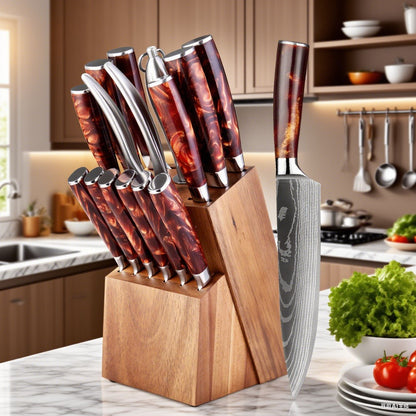 Conjunto de Facas de Cozinha 15 Peças Com Bloco de Madeira, Faca Profissional de Chef em Aço com Padrão de Damasco a Laser, Com Tesoura e Afiador