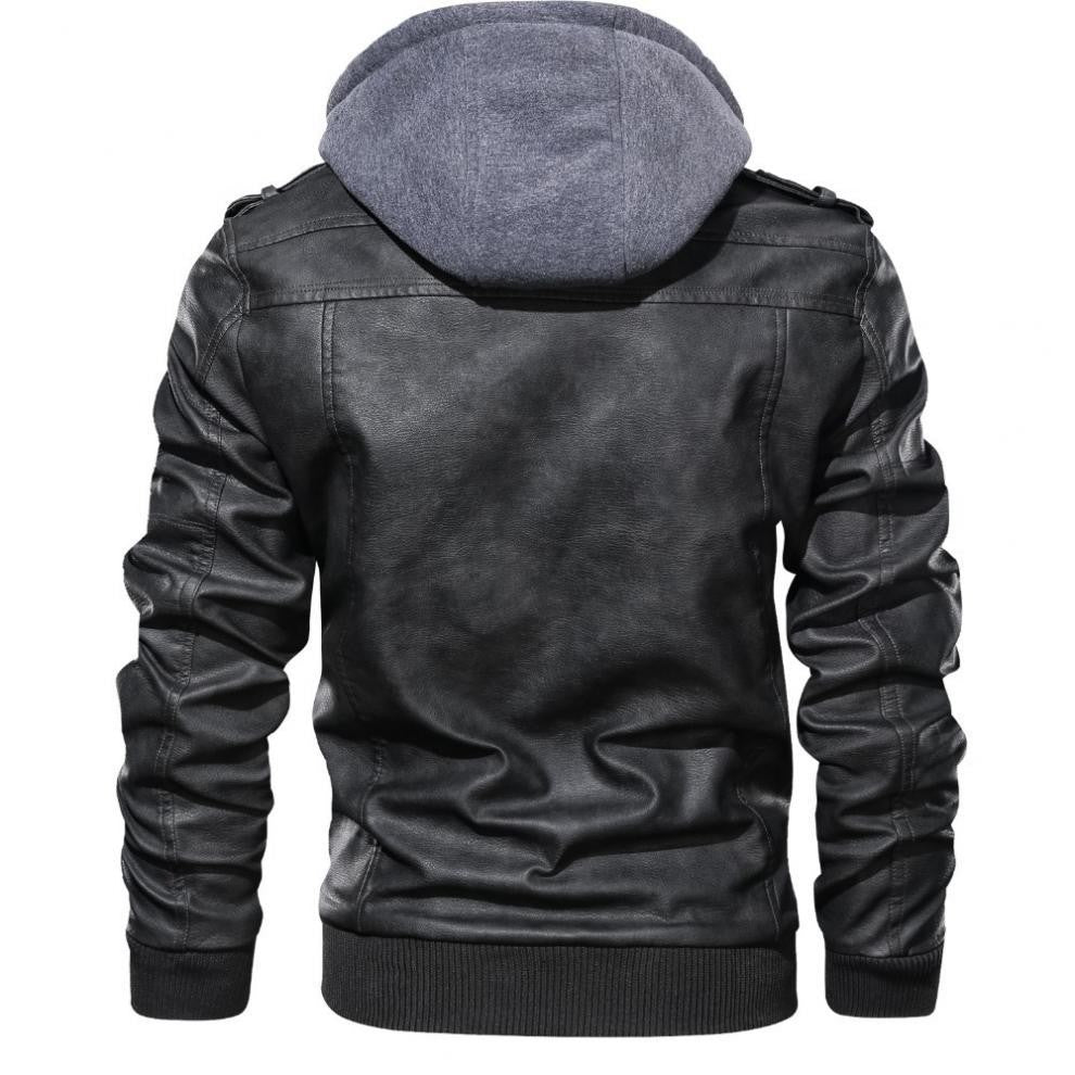 Men Jackets Fake Two Leather Jacket Double Zipper Removable Hooded Biker Leather Coat Male Cardigan Overcoat