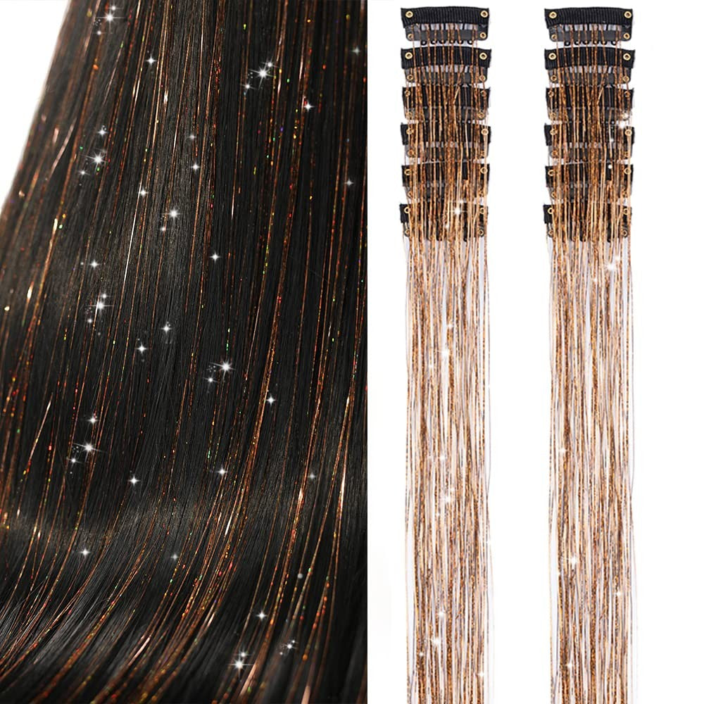 Pacote de 12 Unidades de Cabelo Extensor com Presilha, Tinsel Colorido com Brilho, Extensões de Cabelo de Fada, Acessório Cintilante para Festa de Mulheres, Meninas e Crianças