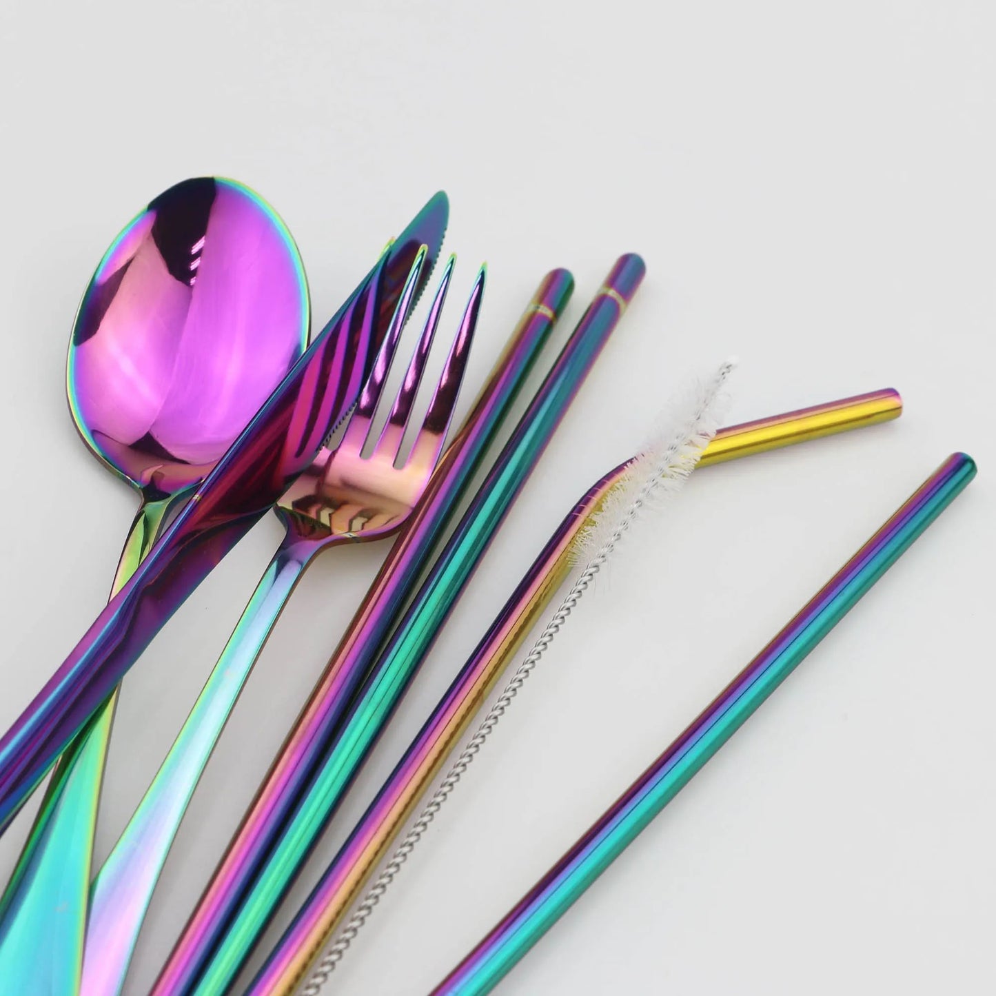 Travel Hiking Portable Dinnerware Set with Pouch Reusable Stainless Steel Straw Cutlery Knife Spoon Fork Chopsticks Silverware