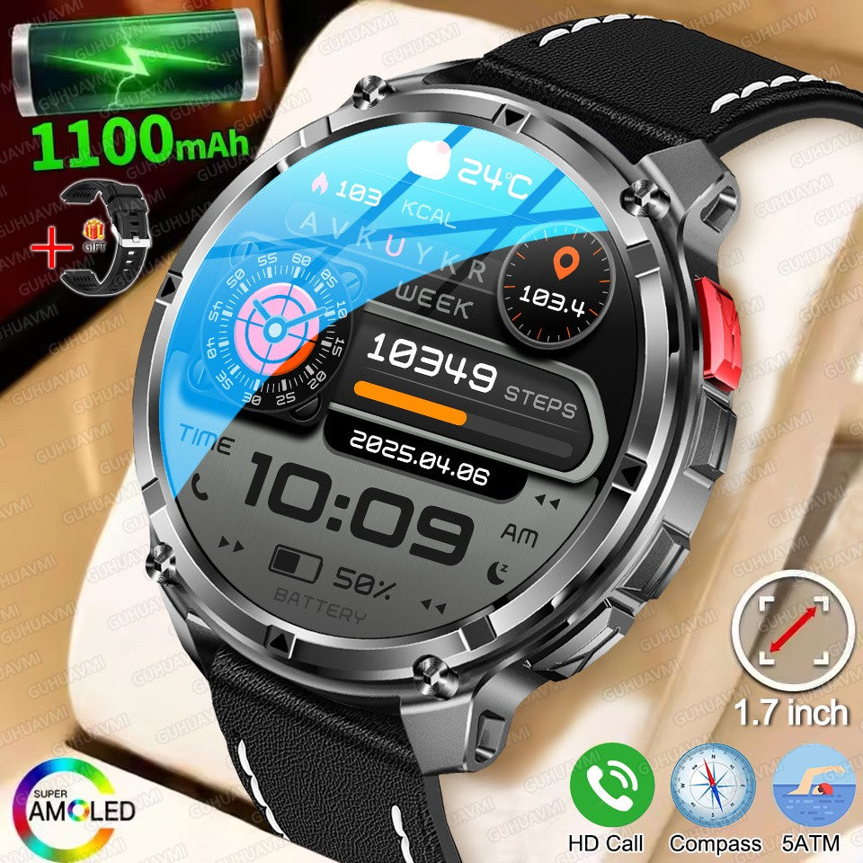 Relógio Inteligente Militar com Bússola GPS Masculino Bateria 1100mAh Lanterna Frequência Cardíaca 100+ Modos Esportivos Chamada Bluetooth Smartwatch à Prova d'Água