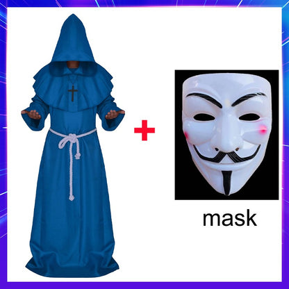 Halloween Wizard Cosplay Medieval Monk Hooded Robe Costume Mask Hat For Men Steampunk Priest Horror Masquerade Unisex Cloak Cape