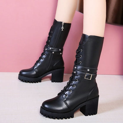 Winter New Solid Color Thick Sole Increase Buckle Design Model Boots Round Head Square Heel Non-slip Women's Mid-calf Boots