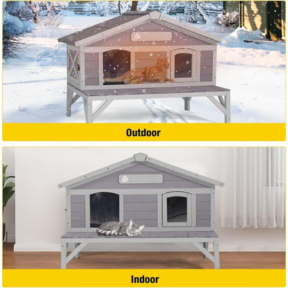Abrigo de Madeira à Prova de Intempéries para Gatos, Grande Casinha Externa para Animais Selvagens e de Rua para Proteção no Inverno