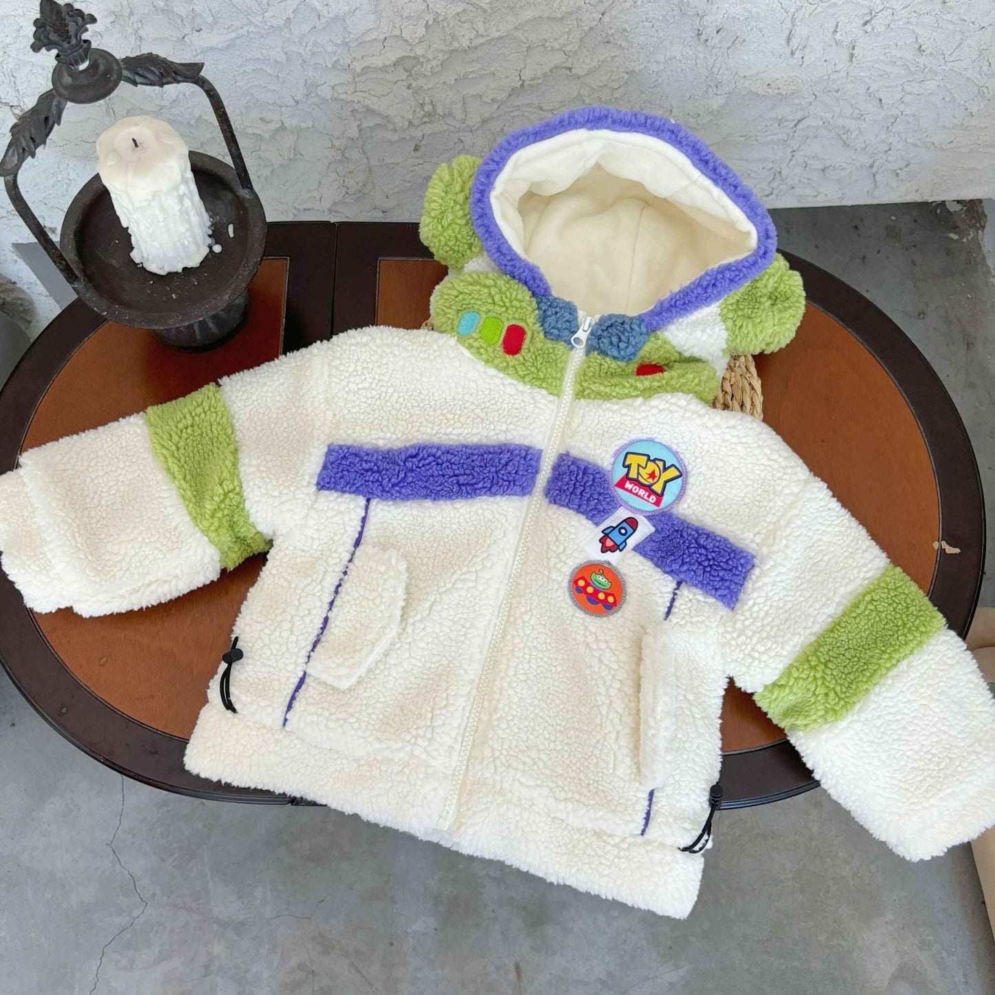 Casaco Infantil de Inverno Disney Buzz Lightyear 90-130cm Novo Bebê Menino Menina Desenho Animado Forro Polar Textura Engrossada Bloco de Cores Casaco com Capuz