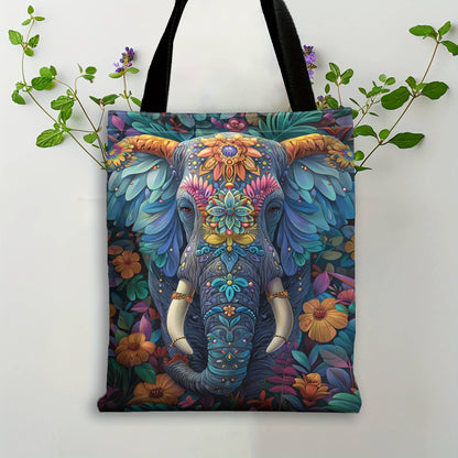 Fashion Elements 1pc Flowers with Elephant Pattern Tote Bag, Perfect for Shopping Bag Animal Pattern Print Bag Storage Tote Bag