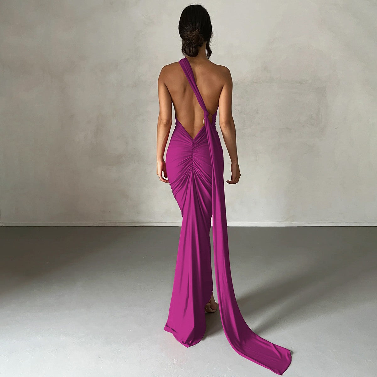 Hugcitar One Shoulder Backless Adjustable Scarf Loop Ruched Sexy Maxi Dress Wome
