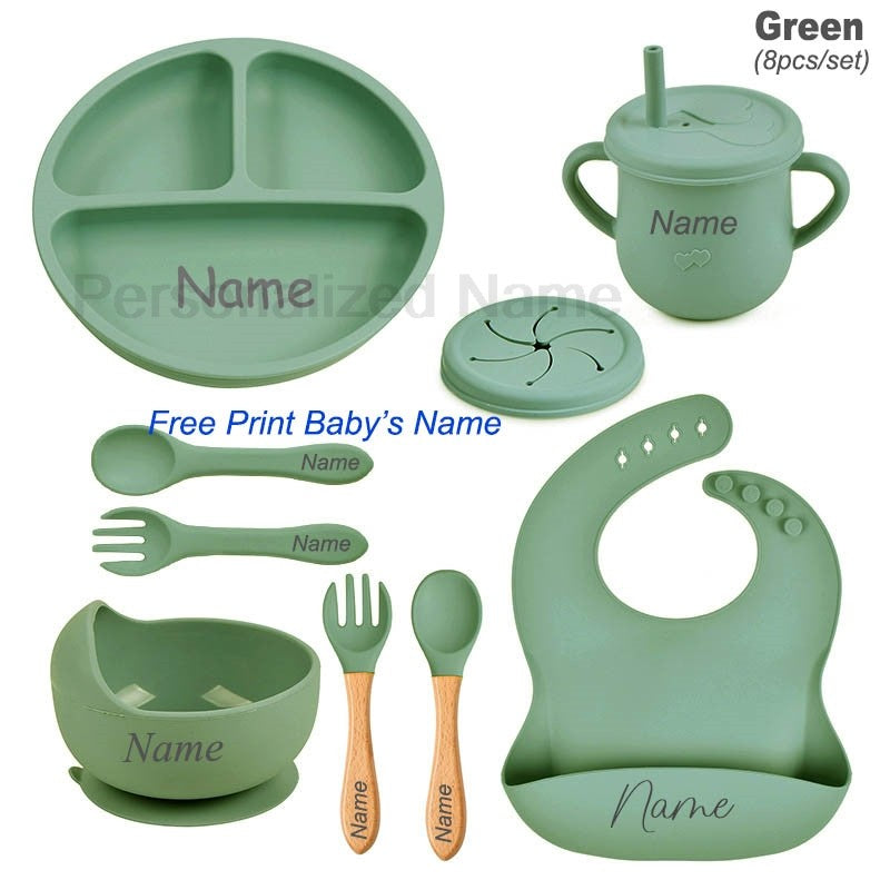 8Pcs Silicone Tableware Set Personalized Name Logo Baby Feeding Set Spoon Fork Suction Cup Bowl Silicone Dinner Plate For Kids