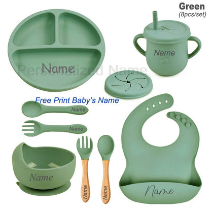 8Pcs Silicone Tableware Set Personalized Name Logo Baby Feeding Set Spoon Fork Suction Cup Bowl Silicone Dinner Plate For Kids