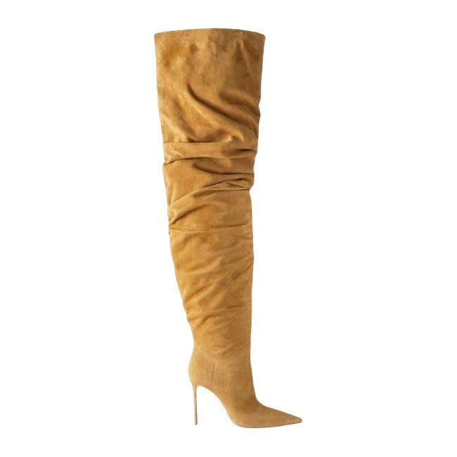 Women's New Pointed Pleated High-heeled Knee High Boots, Autumn and Winter Suede Thigh Boots, Women's Plus Size Stacking Boots