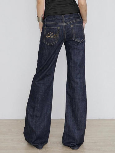 Women's Slim Fit Flared Jeans Y2K Vintage Low Rise Stretch Denim Pants with Embroidery Distressed Style for Everyday Outfits