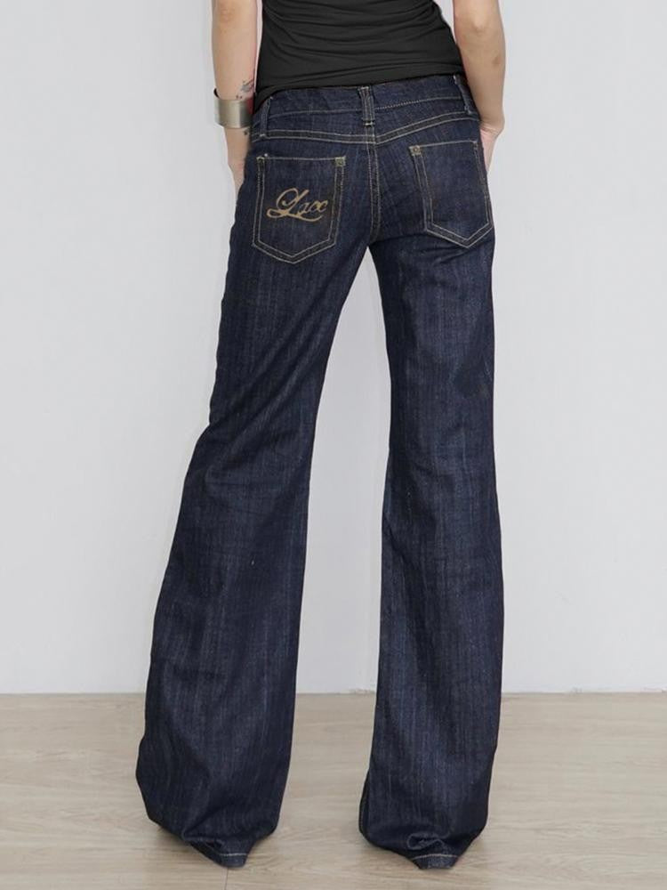 Women's Slim Fit Flared Jeans Y2K Vintage Low Rise Stretch Denim Pants with Embroidery Distressed Style for Everyday Outfits