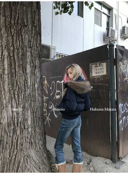South District Fiona Women's Winter Jacket Navy Blue Cotton Short down Coat with Detachable Hood And Fur Collar