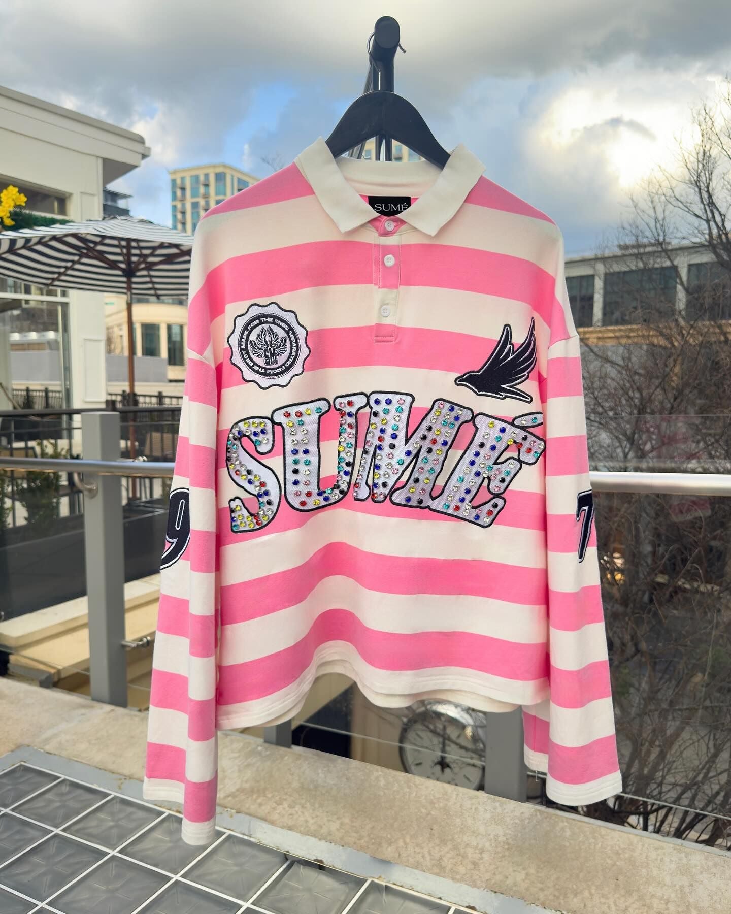 Sume Gothic Klein Stone Embroidery Loose Long Sleeved T Shirt Y2k Harajuku Hip Hop Men Women Stripe Polo Shirt Lapel Neck Shirt
