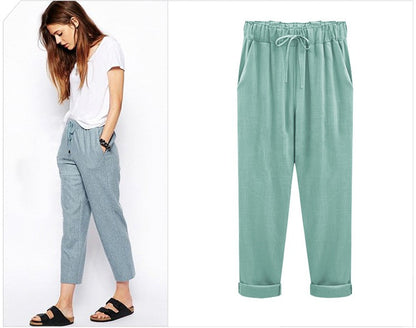 Cotton Linen Pants, Elastic Mid Waist Ankle Length Pant, Casual Women Loose Spring Pants, Female Slacks Size M-5XL 6XL 7XL 8XL