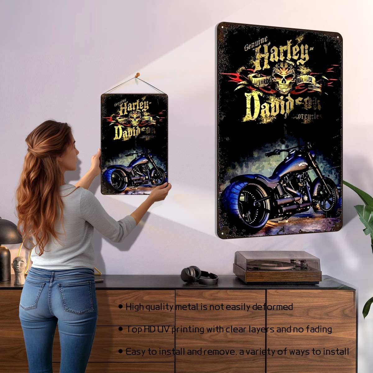 Letreiro de Flandres H-Harley Pôster de Motocicleta Decoração Estética de Quarto Masculino Placas de Metal Personalizadas para Garagem Decoração de Parede Retrô para Casa