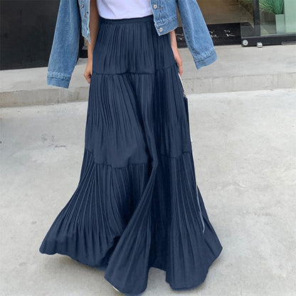 ZANZEA Plus Size 5XL Women Maxi Skirts 2025 Autumn Elastic Waist Pleated Long Skirt Casual Solid Color High Waist Ruffled Skirts