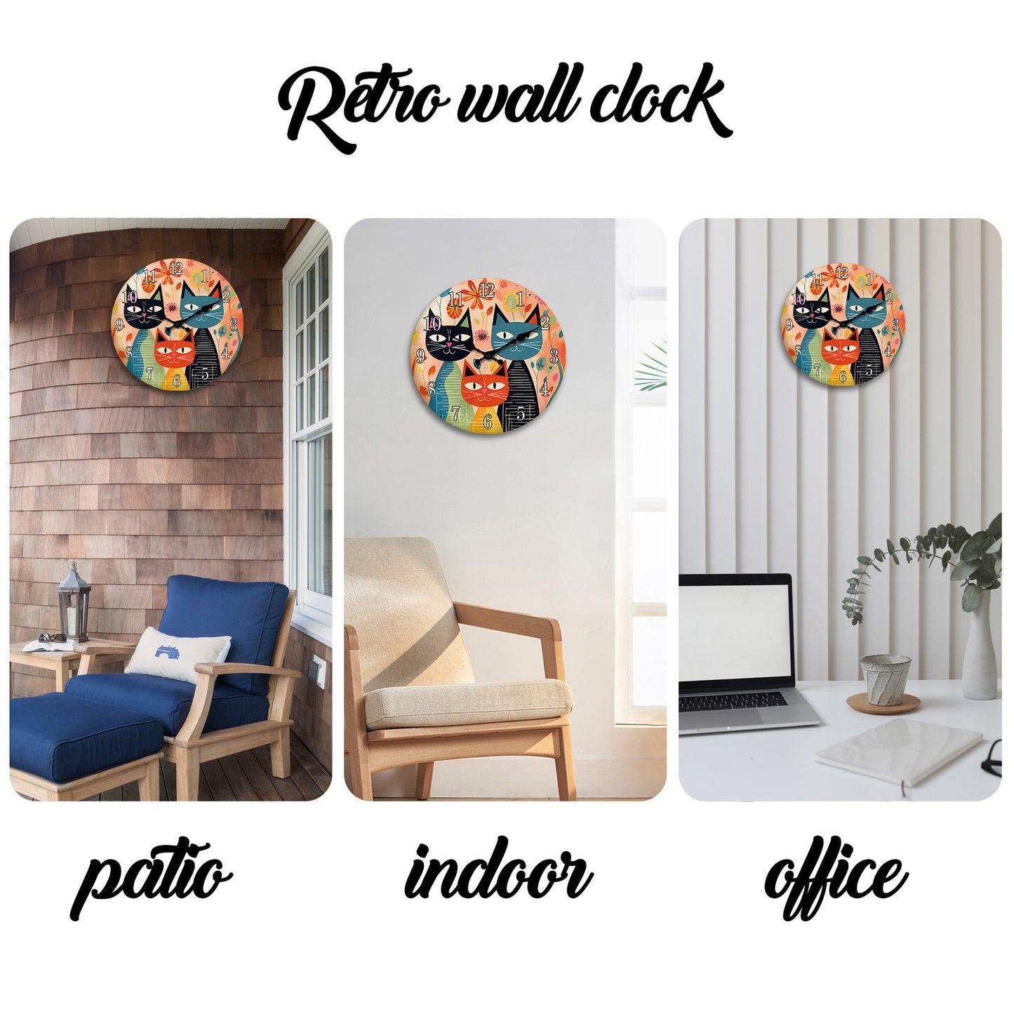 Retro Art Cute Cat Family Wooden Wall Clock Living Room Bedroom Kitchen Home Decoration Wall Clock Silent Quartz Clock Holiday Gift 10 Inch 12 Inch 14 Inch 16inch (No Battery)