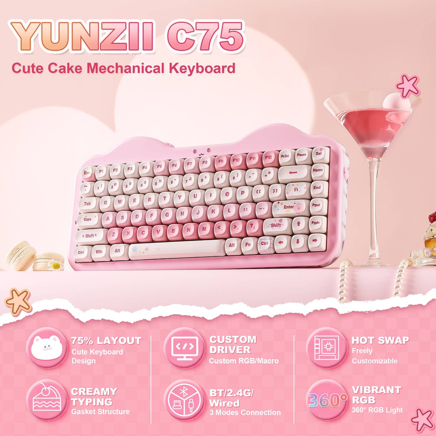 Teclado Mecânico Sem Fio Rosa YUNZII C75, Teclado RGB Hotswap Cremoso 75%, Suporte Gasket Design Cute Cake para Win/Mac/Gaming