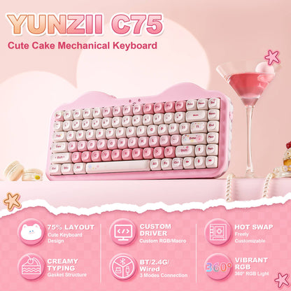 Teclado Mecânico Sem Fio Rosa YUNZII C75, Teclado RGB Hotswap Cremoso 75%, Suporte Gasket Design Cute Cake para Win/Mac/Gaming