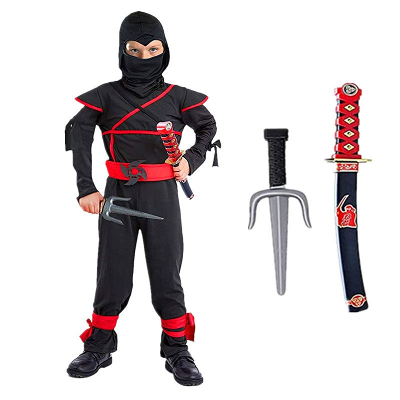 Authentic Kids Ninja Costume Set for Role Play and Cosplay, Ninja Clothes with Hood, Mask, Gloves and Throwing Stars