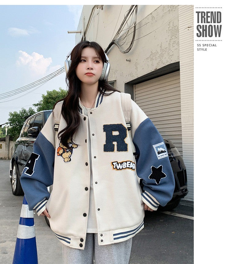 New Autumn and Winter Padded Baseball Jersey Women American Retro Loose Sweater Women Jacket
