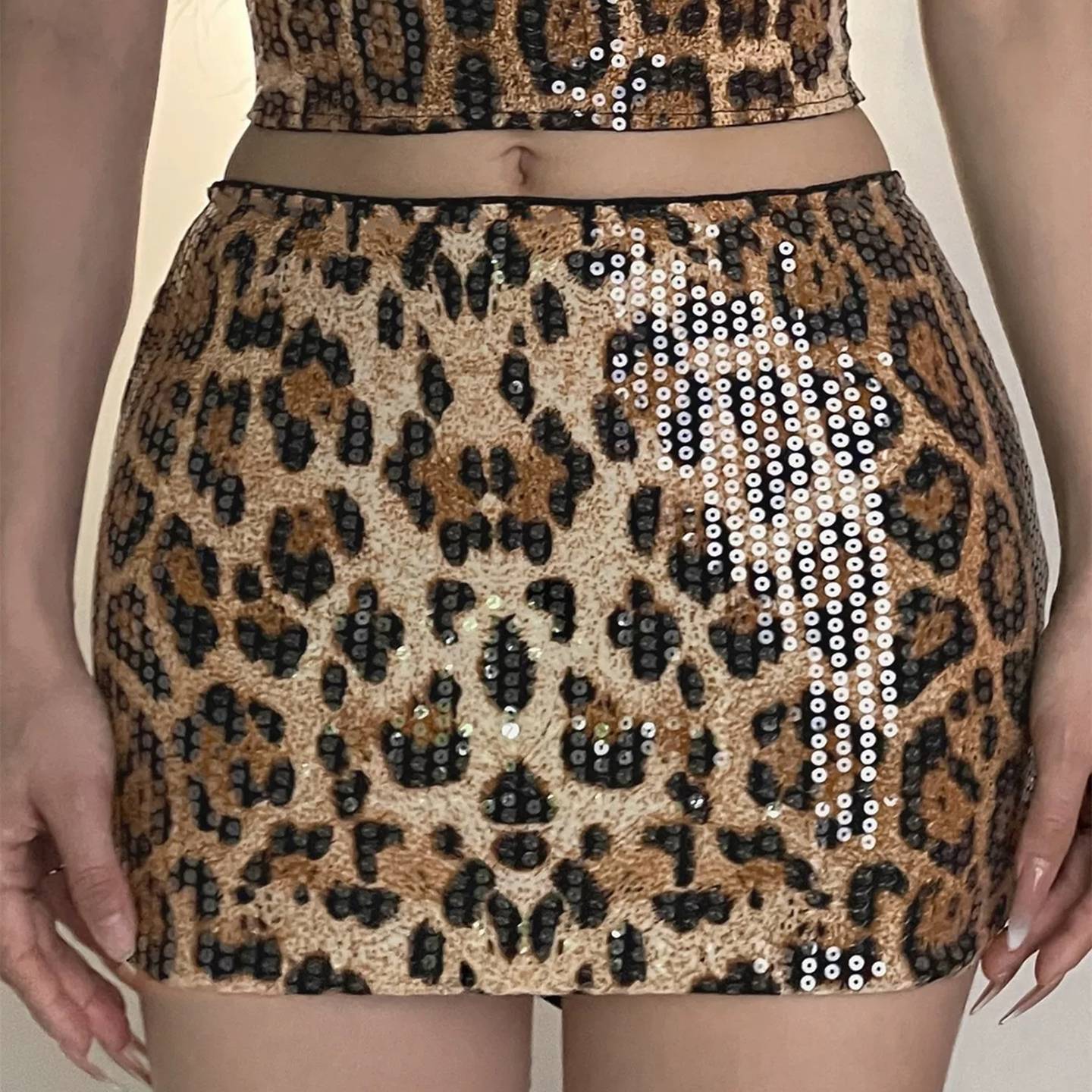 Dulzura Summer Latest Fashion Elegant High Waist Sequins Sexy Slim Leopard Print Short Skirt Party Club Street Clothes Wholesale