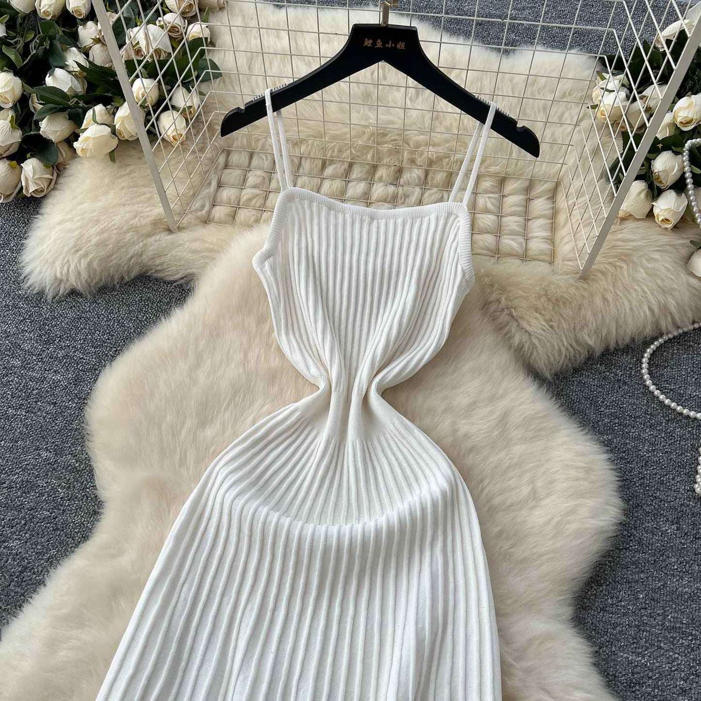 Knitted Pleated Long Dress High Waist Midi Sling Dress Elegant Sleeveless Yellow