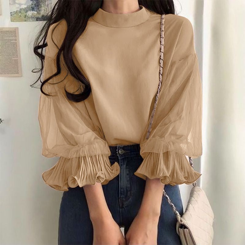 ZANZEA Women Elegant Party Blouse Chic Mesh Ruffle 3/4 Sleeve Tops 2025 Autumn Designer Stand Collar Shirts Korean Loose Tunics