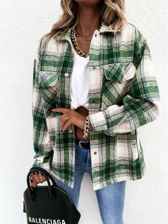 Warm Plaid Long Sleeve Shirt Jacket Autumn Winter Women's Polo Collar Patchwork Decorative Button Detailing Chinese Origin