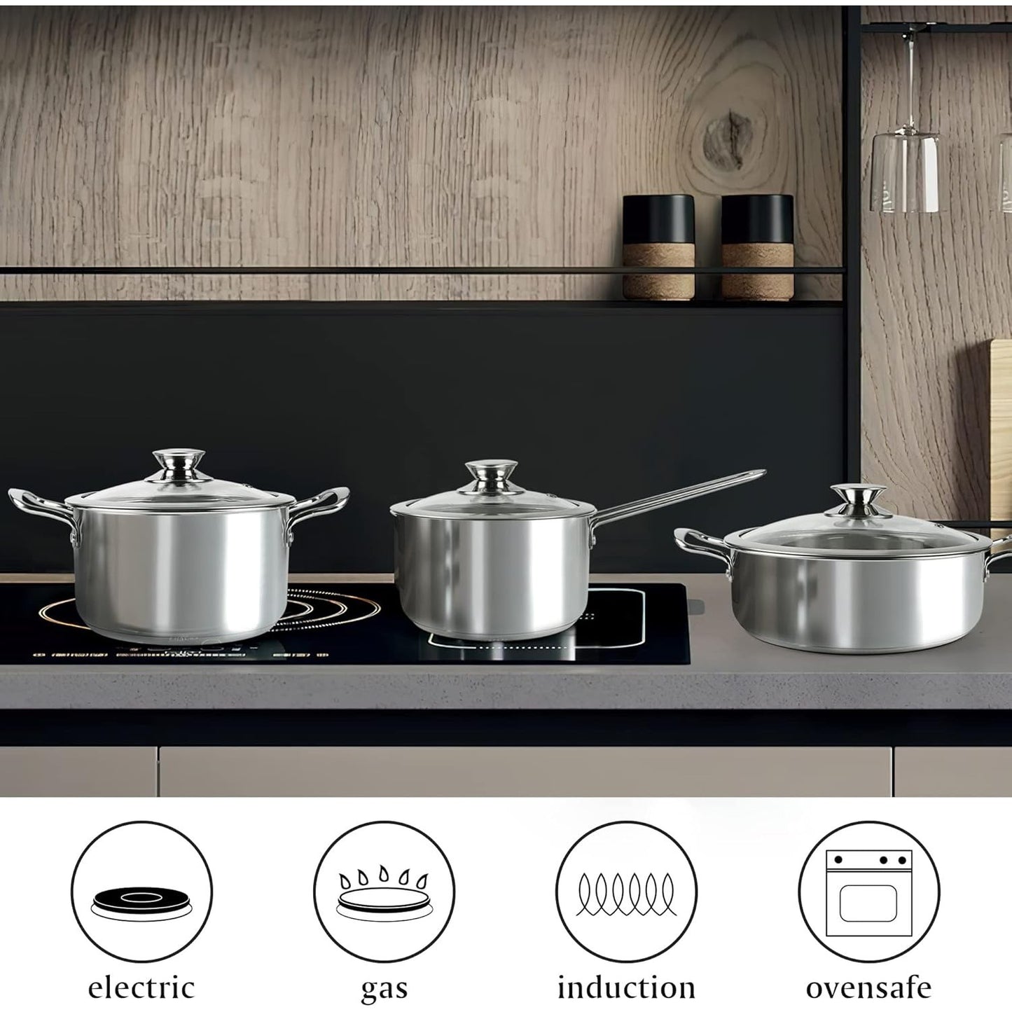 6Pcs Pots and Pans Set, Stainless Steel Pot Set, Nonstick Kitchen Cookware Set, Induction Pots Set with Stay-Cool Handle.