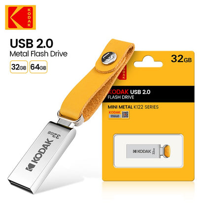 Pen Drive USB KODAK K122 de Metal 2.0 de Alta Velocidade 32GB/64GB/128GB Mini U-Disk Memory Stick com Alça para PC e Carros