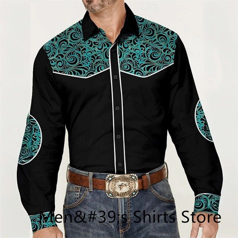 Vintage Men's Shirt 3D Printing Western Cowboy Shirt Casual Fashion Daily Vacation Long Sleeve Shirt Hawaiian Men's Clothing